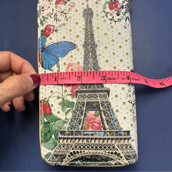 Paris Vegan Leather Wallet Eiffel Tower Butterfly Wrist Strap Wristlet Bling - Picture 6 of 10